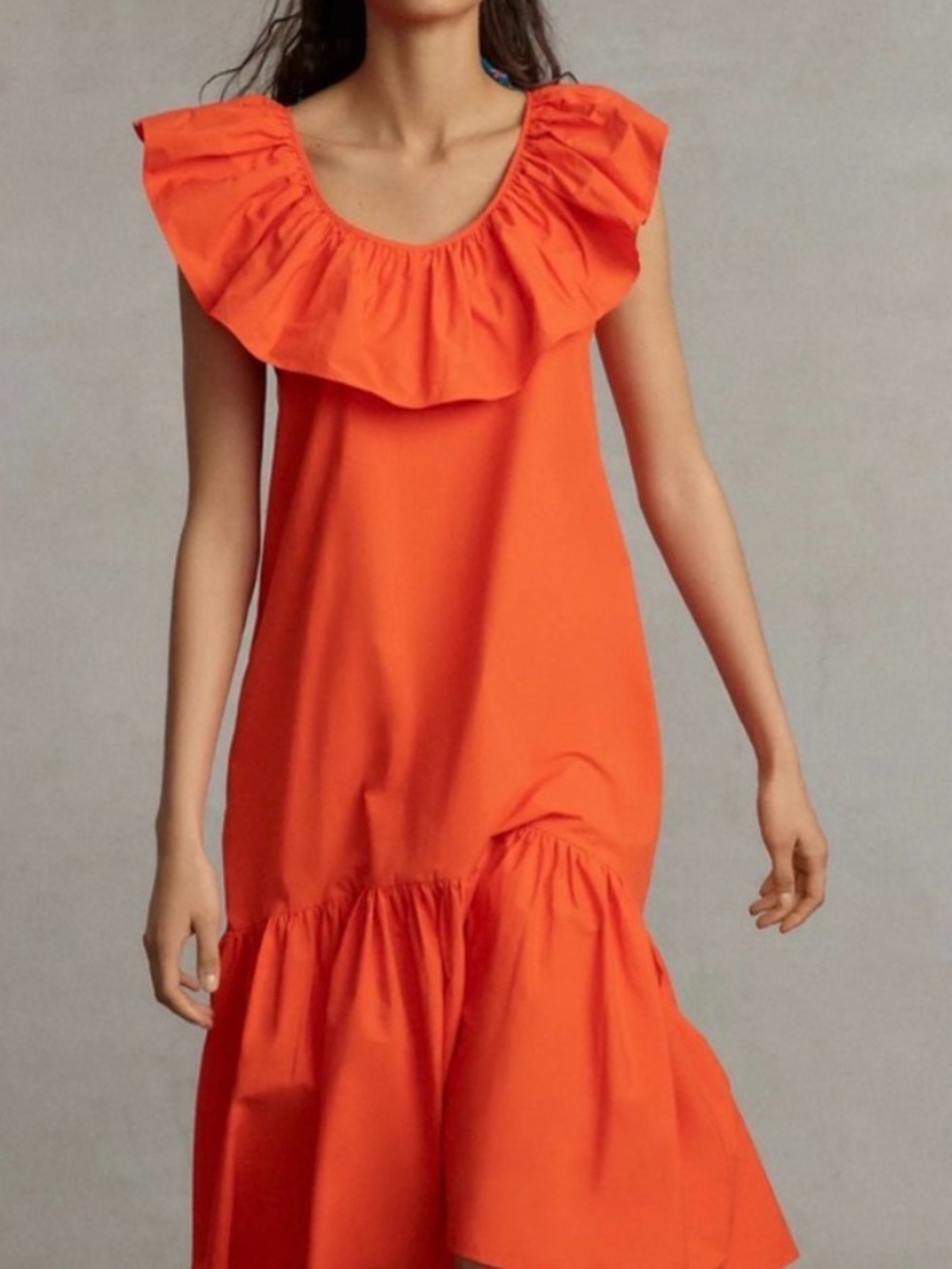 Anthropologie x Whit Two, Red Orange Cotton Ruffle-Neck Maxi Dress